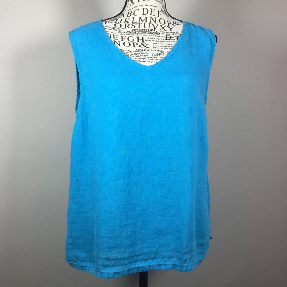 Vintage 100% linen gauzy tank top bright aqua blue beachy coastal sz M